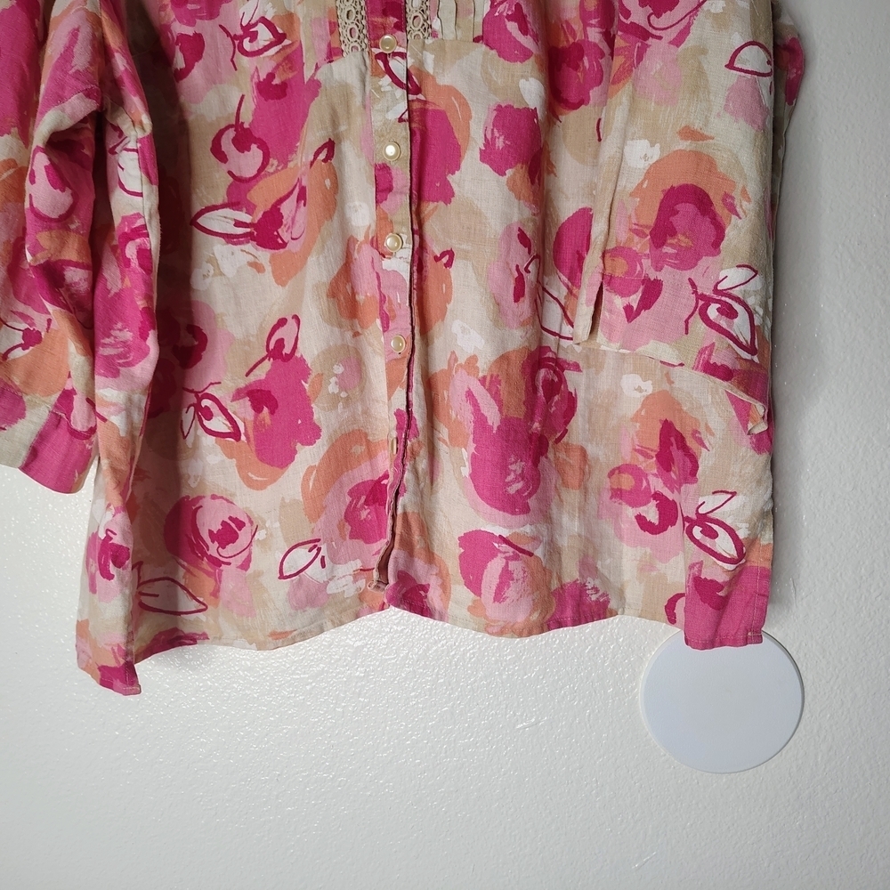 JM Collection Woman 100% Linen Floral Blouse Pink Orange Plus Size 24W Boho Top - Picture 3 of 16